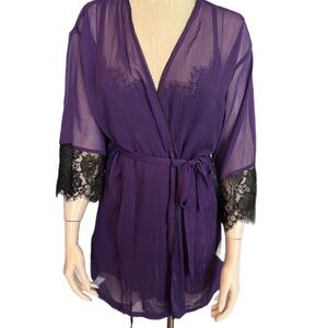NWT Seductivewear Cinema E'toile purple,black sexy nightgown, robe, G string-S,M
